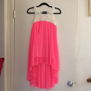 Hi-low dress with hot pink skirt and lace top